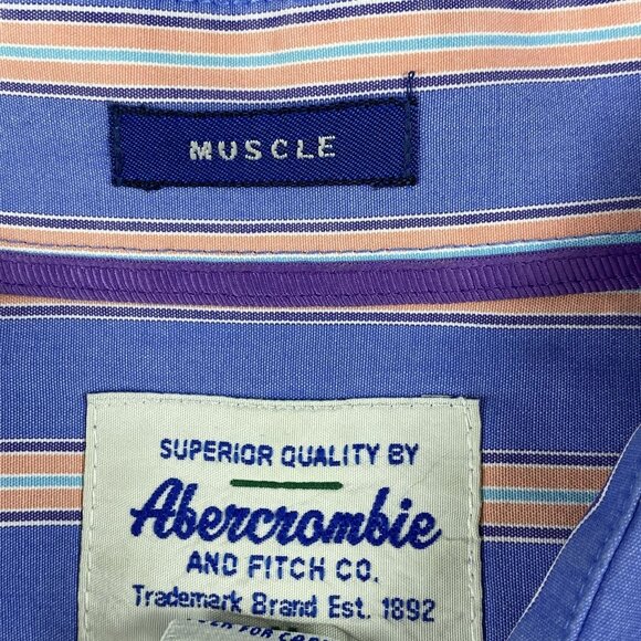 Vintage Abercrombie Mens Blue & Peach Muscle Fit Striped Button-Down Shirt Med - Picture 3 of 16